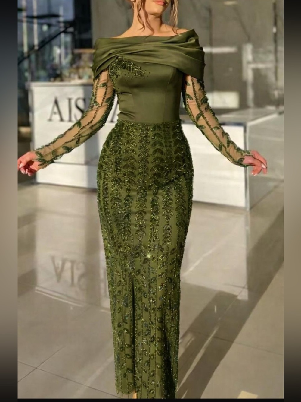 Lime Green Embroidered Long Sleeve Maxi Dress with a back corset lace up